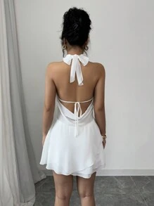 Chiquease Deep V-Neck Backless A-Line Asymmetrical Dress With Cinched Waist, Sexy & Slimming - White - View 2