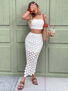 Breezaya Elegant White 3D Polka Dot Tie-Up Bandeau & Slit Skirt 2 Pieces Set For Women - White - View 4