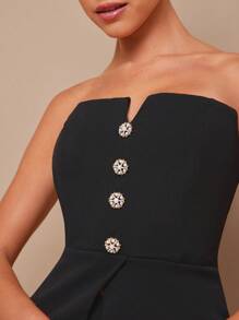 L'Amorae Summer Women, Women, Elegant Office Look Front Split Strapless Black Top With Gold And Faux Pearl Buttons, Women Tops, Summer Tops, Tube Top, Crop Top, Office Women, Old Money, Daily. For Date Night, Concerts, Performances, Parties