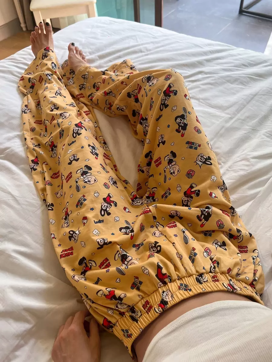 DAZY Cute Cartoon Print Loose Sleep Pants, Fall Pajama, Winter - Yellow - View 1