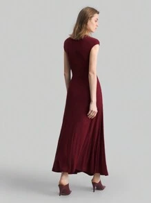 Ontre Vintage 90s Women's Metal Decor Asymmetric Neckline Hollow Out Design Brown-Red Knit Dress - Burgundy - View 5