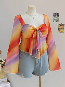 Soleia Plus Size Women Back To School Vacation Tie-Dye Rainbow Print Babydoll Blouse, Casual Long Sleeve Shirt, Summer Outfits - Multicolor - View 5