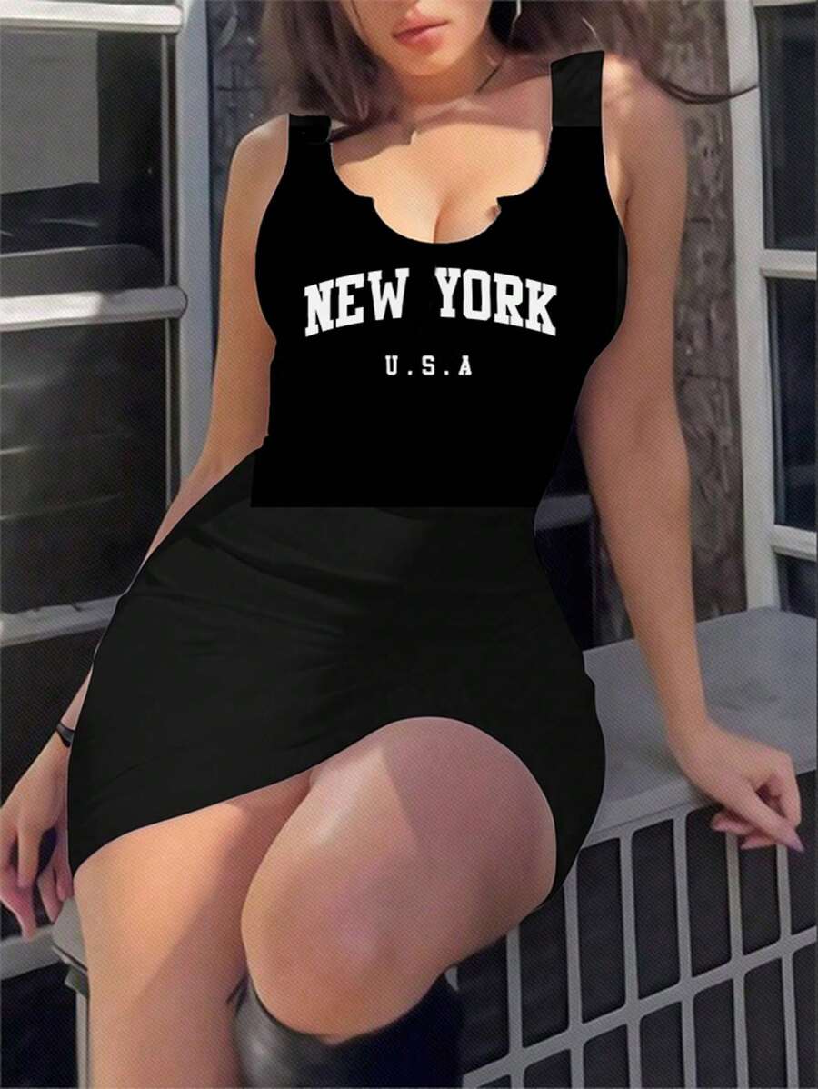 SHEIN EZwear 纽约字母印花休闲简约大码女式紧身无袖连衣裙 - 黑色 - 查看 1