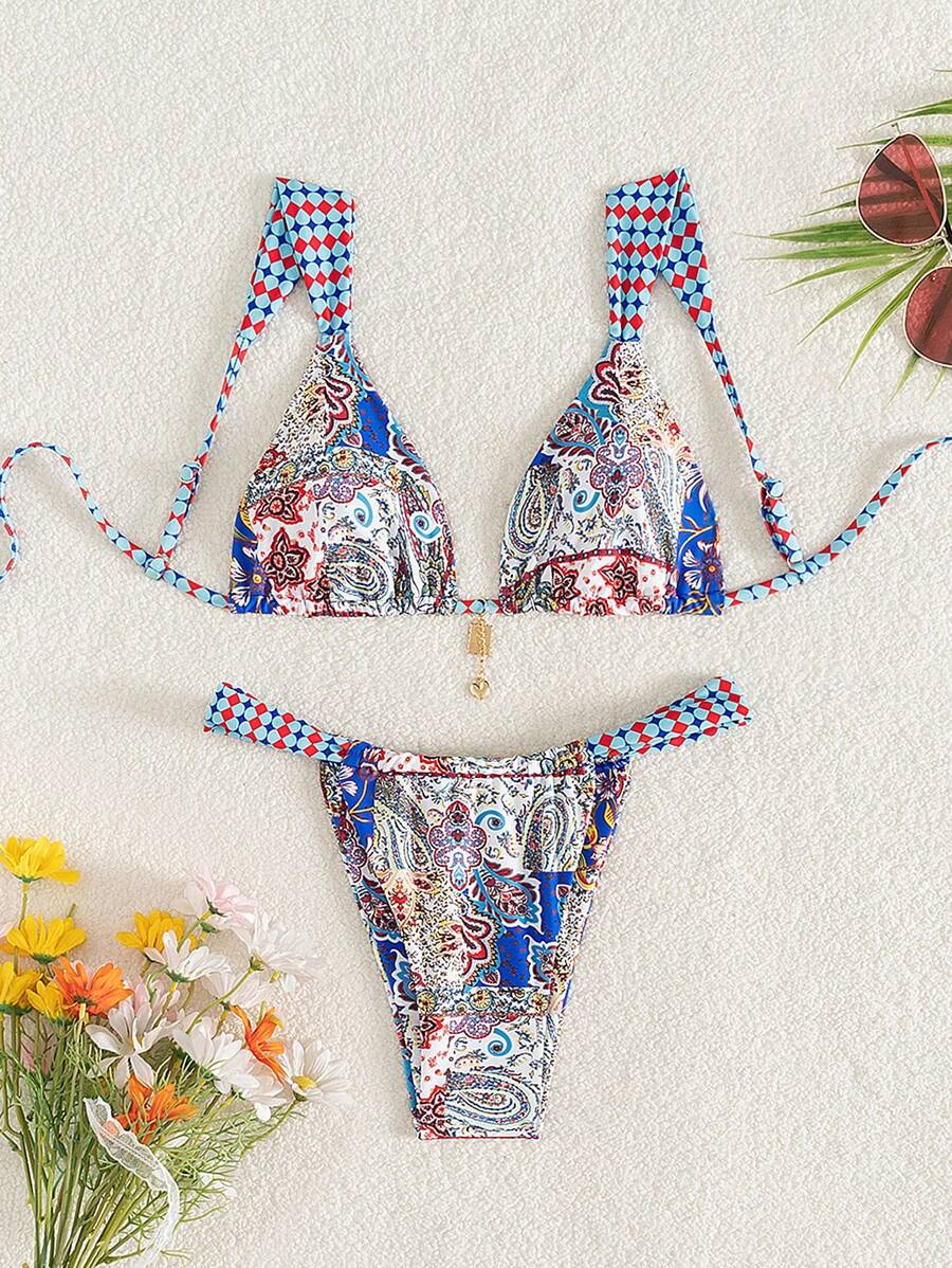 SHEIN Swim Bộ 2 chiếc/Bộ đồ bơi bikini in họa tiết kim loại phong cách Bohemian dành cho nữ, kỳ nghỉ hè ở bãi biển - Nhiều màu - Xem 1