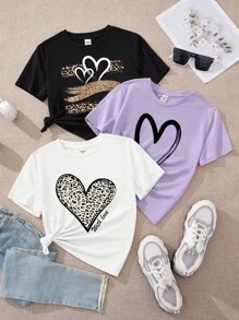 SHEIN Leap Crew 青少年女孩休闲简约卡通图案多件装 T 恤，适合夏季