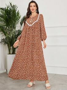 SHEIN Lacomfia Elegant Lady Minimalist Floral Print Arabic Style Dress - Coffee - View 5
