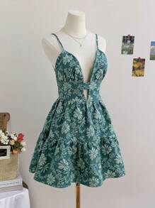 Soleia Vestido de tirantes finos con escote en V para vacaciones de mujer - Textura jacquard rojo, vestido mini elegante con espalda descubierta y línea A para fiestas, prenda interior de moda para el otoño/invierno - Verde - Ver 3