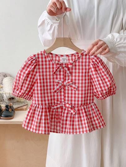 SHEIN LMoss Kids Tween Girl Oversized Casual Plaid Puff Sleeve Bowknot Blouse