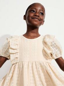 SHEIN Young Girls Sweet Country Style Apricot Puff Sleeve Ruffle Collar Embroidered Dresses - Apricot - View 6