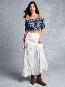 WESTFADE Top corta con hombros al descubierto, mangas abullonadas y ojetes con estampado floral para primavera y verano