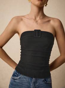 Poéselle Sleek Black Strapless Slimming Sheath Tube Top With Buckle Detail - Ideal For Summer Parties, Nights Out And Casual Fashion Styling, It's Made From High Quality Stretch Fabric To Ensure A Comfortable Fit And Freedom Of Movement, Pair It With Your Favorite Pair Of Jeans Or A Stylish Skirt For An Effortlessly Versatile Look, Office Women Clothing, Short Women's Tops - Black - View 3