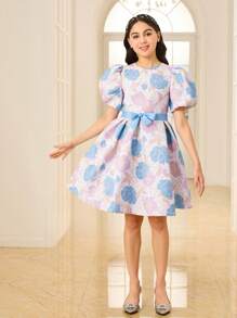 SHEIN Glamorique Kids Tween Girls' Elegant Jacquard Puff Sleeve Summer Party Easter Dress, Suitable For Daily Wear, Parties And Gatherings, Displaying A Noble And Glamorous Quality - Baby Blue - View 4