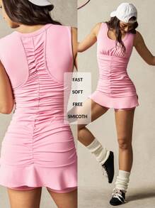 VARSIVA U-Neck Ruched Ruffles Women Active Athletic Dresses - Pink - View 1