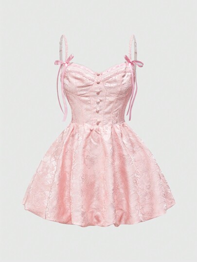 Women's Elegant Palace Solid Color Jacquard Spaghetti Strap Baby Pink Mini Dress