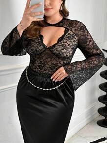 SHEIN Privé Áo thun hở vai tay dài thiết kế khoét sâu cổ chữ V ren đen cho lễ hội âm nhạc ngày lễ tình nhân dành cho nữ, thanh lịch khi đi làm, đi làm, đi nghỉ, trà chiều, hẹn hò, hòa nhạc, tiệc tùng, ins phổ biến retro đại học, chụp ảnh bãi biển - màu đen - Xem 2