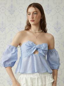 SHEIN MOD Women's Front Tie Off Shoulder Blue And White Stripe Minimalist Bow Casual Top,Autumn,Elegant,Vacation,Holiday,Tropical,Tea Party Top - Blue - View 7