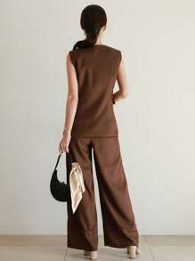 DAZY 2pcs Women Spring/Summer Elegant Set: Fitted V-Neck Vest & Wide Leg Pants In Solid Color