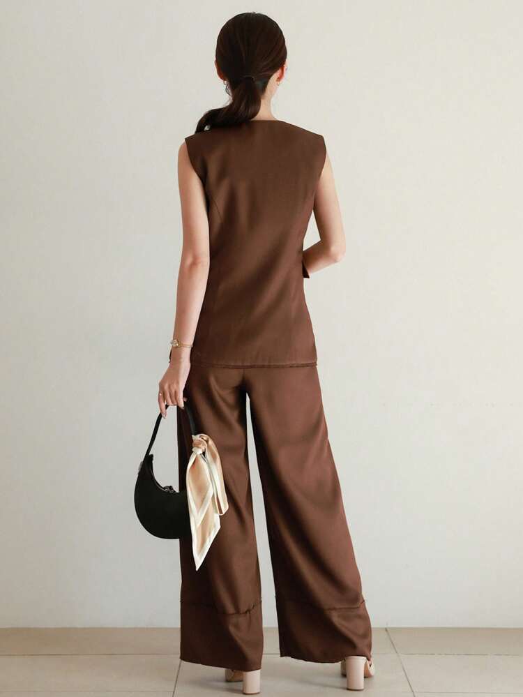 2pcs Women Spring/Summer Elegant Set: Fitted V-Neck Vest & Wide Leg Pants In Solid Color