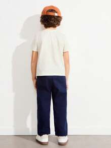 SHEIN 2pcs Toddler Boys Dog Graphic Round Neck Loose Beige T-Shirt And Casual Pocket Loose Navy Blue Pants Set, Casual & Cute Style - Beige - View 2