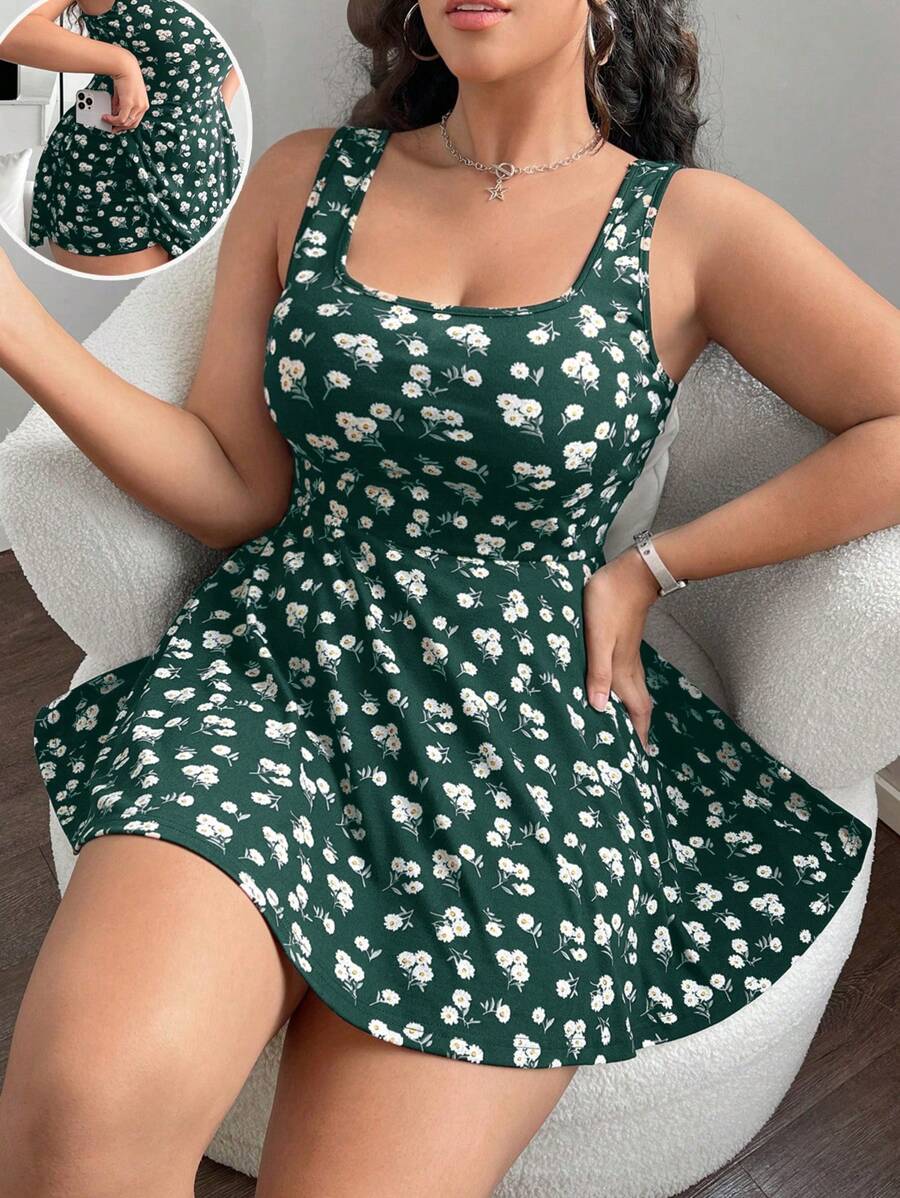 Solflare 大码女式碎花连体裤，带口袋 - 墨綠色 - 查看 1