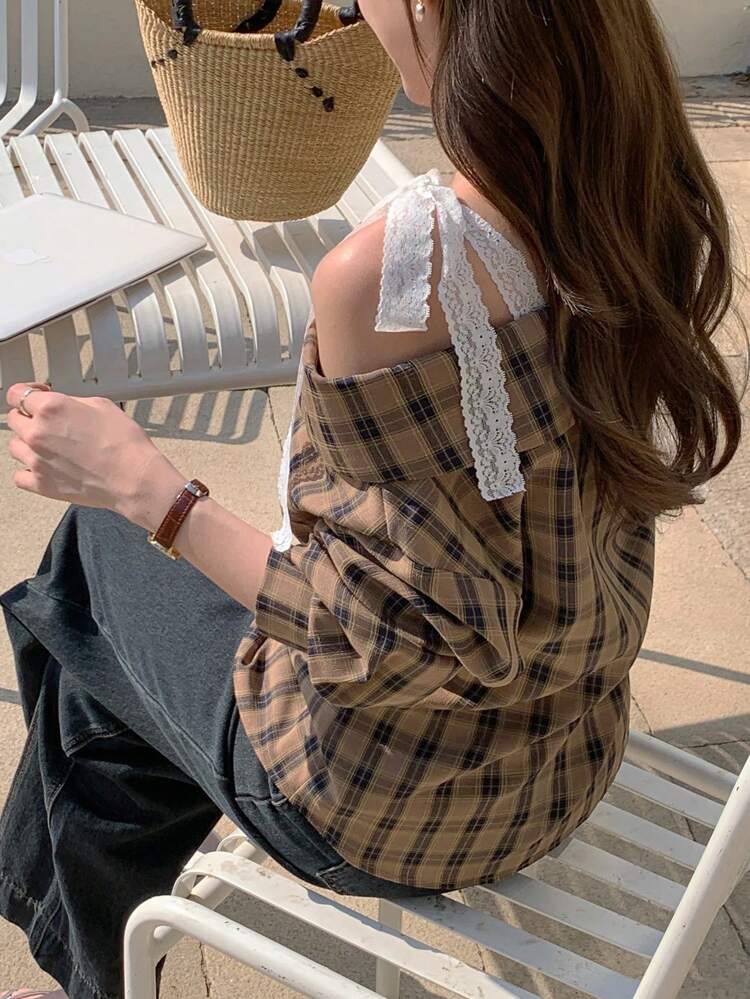 New Summer SpringStyle Loose Design Casual Open Shoulder Women Blouse Plaid