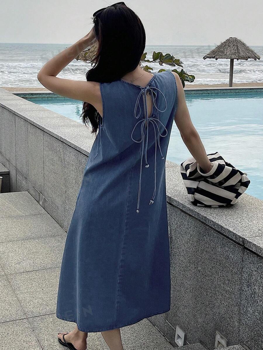 DAZY Vestido de verano con efecto desgastado vintage, de estilo primaveral, para mujer, de denim