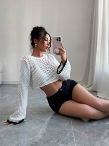 Elenzga Jersey holgado de punto con cuello redondo, efecto calado y bloques de color para mujer, para otoño e invierno - Blanco y Negro - Ver 5
