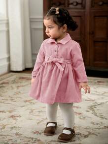 Cozy Pixies Baby Girl Solid Color Casual Versatile Lapel Partially Buttoned Lantern Sleeve Cinched Waist Dress - Pink - View 5