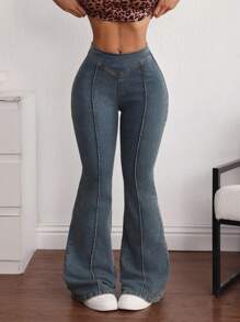 SHEIN ICON Women's Toothpick Design Flare Leg Casual Jeans, Versatile - Medium Wash - View 4