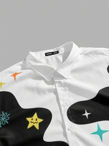 Manfinity VCAY 大码男式白色休闲星星和笑脸印花长袖编织衬衫 - 白色 - 查看 3