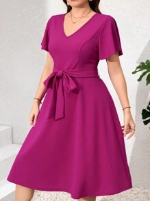 SHEIN Clasi Plus Size Elegant Ruffle Sleeve Romantic Dress, Summer, Elegant Dress, Women's Summer Dress, Women's Birthday Dress, Women's Wedding Guest Dress, Women's Cocktail Dress, Women's Concert Dress - Purple - View 6