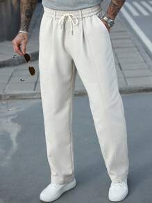 Manfinity CasualCool 新款日本风格宽松直筒裤，松紧腰，休闲时尚，白色男士裤子 - 米色 - 查看 1