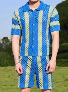 Manfinity CasualKnits Men's Knitted Set, Short Sleeve Top And Shorts, Minimalist, Fashion, Casual Everyday