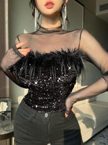 DAZY 春季新款网纱拼接纹理派对风女式T恤舞会礼服长袖女式上衣奢华亮片新年闪光上衣Y2k - 黑色 - 查看 4