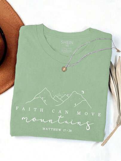 EMERY ROSE Plus Size Women's Faith Can Move Mountains Graphic Tees, Christian Gift, Faith Shirt, Jesus T-Shirt, Biblical Verse Crew Neck, Minimalist Christian Women Tops