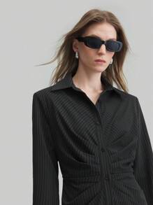 Ontre Váy sơ mi sọc 2 trong 1 cho nữ có cạp chun, thanh lịch khi đi làm, phong cách thành phố thời trang, xuân/hè - màu đen - Xem 1
