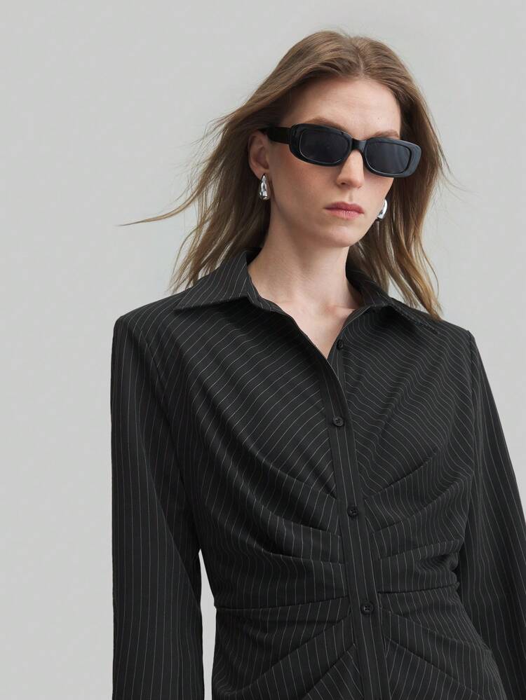 2-In-1 Women's Striped Shirt Dress With Gathered Waist, Elegant For Commute, Fashionable City Style, Spring/Summer