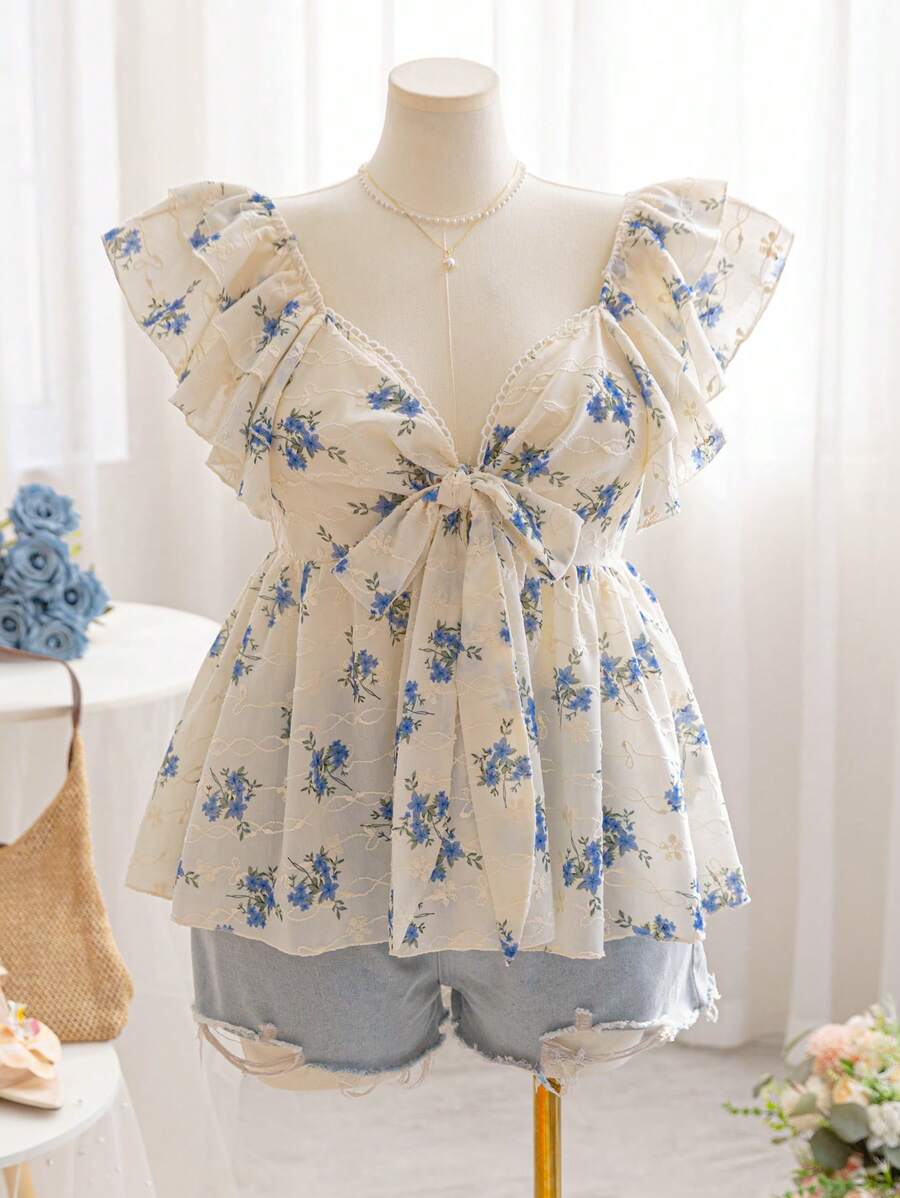 Dreamara Plus Size Women Sweetheart Neck Bowknot Tied Ruffle Cap Sleeve Back To School Casual Cute Lunch Blue & White Embroidered Blouse - Multicolor - View 1