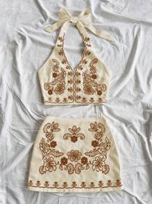 Soleia 2 件套：度假复古风格女式花卉刺绣露背短款上衣，搭配系带和迷你 A 字裙，米色底 - 棕色 - 查看 5