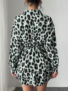 Elenzga Women Polo Collar Casual Leopard Print Ruffle Hem Long Sleeve Dress