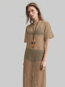 Ontre Women's Crochet Long Dress, Short Sleeve, Beach Style, Oversized Bohemian, Round Neck, Brown Knitted Long Dress, Spring Outfit