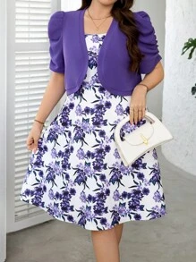SHEIN Clasi 2pcs/Set Plus Size Elegant Printed Jacket + Dress Set, Women Elegant Dress Vacation Two Pieces Set, Women Two Pieces Set, Women Two Pieces Outfit, Women Summer Outfit, Two Pieces Summer Set - Multicolor - View 1