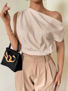 Firerie 女士不对称露肩宽松无袖竹纤维亚麻衬衫，优雅适合度假和日常穿着 - 杏色 - 查看 6