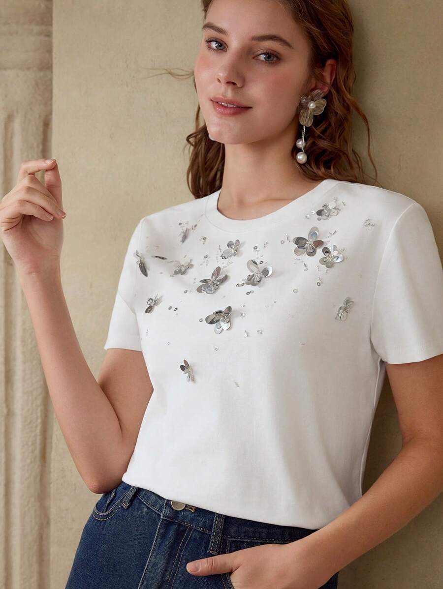 MOTF T-SHIRT À MANCHES COURTES AVEC FLEURS SEQUIN