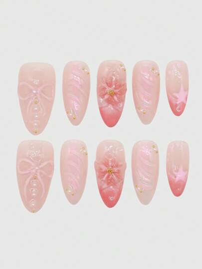 Kawaii 10 pezzi di unghie finte rosa con stampa in rilievo, di alta qualità, fatte a mano + 3 fogli di adesivi biadesivi, decorazioni per unghie con farfalle dolci, adesivi per unghie rosa con specchio staccabile e dipinti a mano, adatti per vacanze, feste, ballo e uso quotidiano