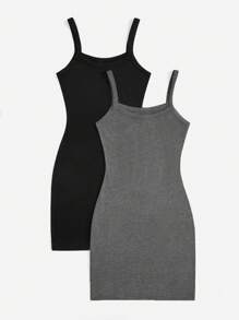 SHEIN Privé 2pcs/Set Women Solid Color Casual Tight Strap Open Shoulder Sleeveless Summer Dress, Suitable For Commuting, Outdoor Activities, Shopping - Multicolor - View 3