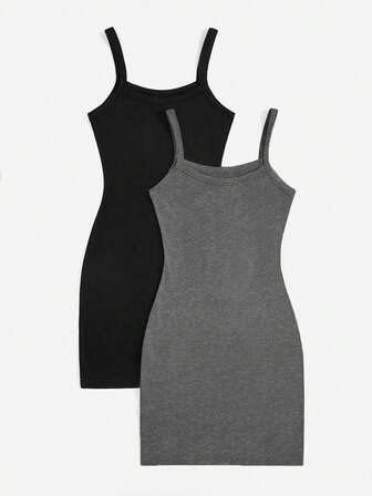 SHEIN Privé 2 件套女士纯色休闲紧身肩带露肩无袖夏季连衣裙，适合通勤、户外活动、购物