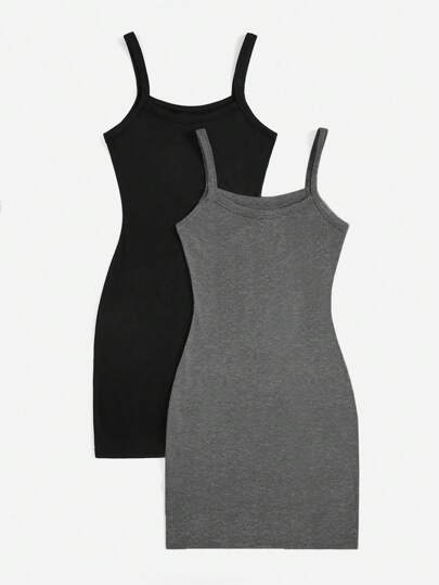 SHEIN Privé 2 件套女士纯色休闲紧身肩带露肩无袖夏季连衣裙，适合通勤、户外活动、购物