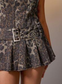 Denimoi Belted Fit And Flare Denim Mini Dress - Brown - View 5