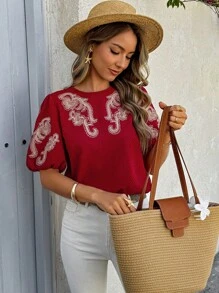 SHEIN LUNE Chemise à manches bouffantes froncées avec broderie florale pour femmes - Rouge foncé - Voir 3